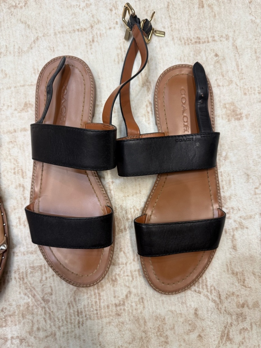 Coach Black and Brown Leather Double-Strap Sandals